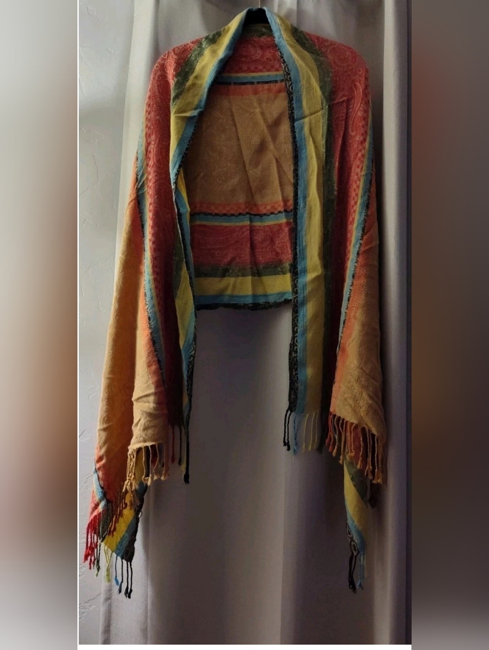 Lucky Brand Multicolor Striped Fringe Shawl in Coral, Yellow & Blue